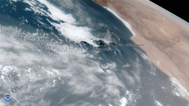 GOES-16 da NOAA captura imagem da fumaa de grande incndio nas Ilhas Canrias, territrio espanhol. Imagem divulgada neste dia 20 pela NOAA. 