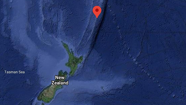 Localizao revisada do epicentro do tremor de 7.1 magnitudes que ocorreu ao sul das Ilhas Kermandec, na Nova Zelndia nesta quinta-feira. Crdito: Google maps.