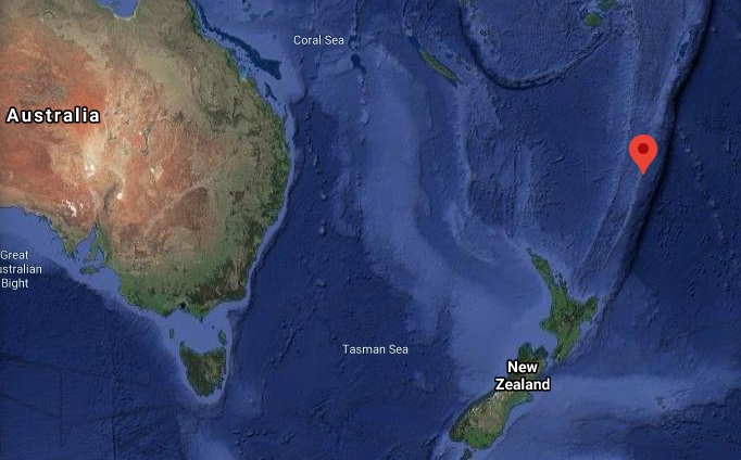 Localizao do tremor de 7.1 magnitudes ocorrido na regio da Nova Zelndia nesta quinta-feira. Crdito: Google maps.