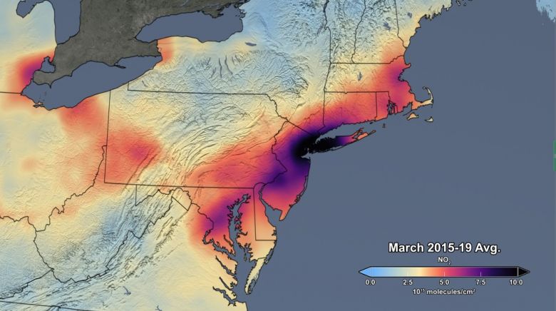 Concentrao mdia de dixido de nitrognio sobre o nordeste dos Estados Unidos em maro de 2015. Crdito: NASA.