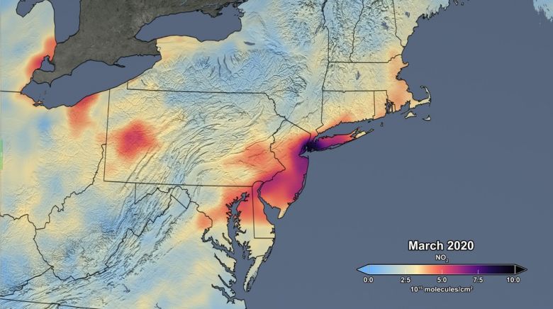 Concentrao mdia de dixido de nitrognio sobre o nordeste dos Estado Unidos em maro de 2020. Crdito: NASA