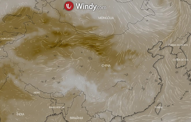 Modelo mostra massa de poeira sobre o norte da China nesta segunda-feira. A tempestade de areia aconteceu no Deserto de Gobi, na Monglia e foi levada pelos ventos em direo ao sul. Crdito: Windy/NASA