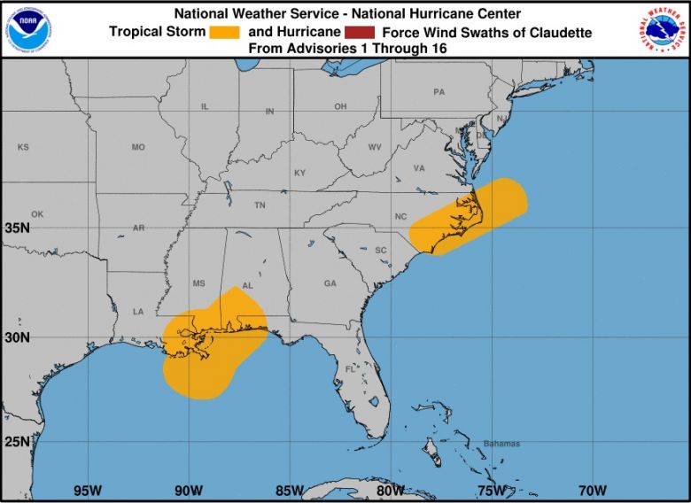 Mapa indica as reas dos Estados Unidos onde Claudette se manteve como tempestade tropical nos ltimos dois dias. Crdito: NHC