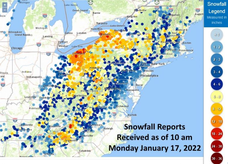 Queda de neve registrada no leste dos EUA entre os dias 28 e 29. Diversas localidades bateram recordes para o ms de janeiro. Crdito: NWS  