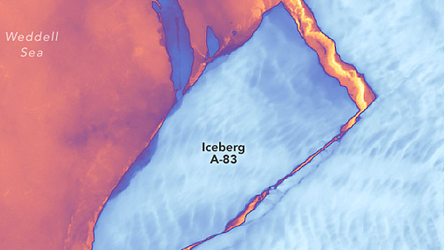 Detalhe do iceberg A-83 que acaba de se soltar da plataforma de Brunt, na Antrtica. Crdito: Landsat9/NASA 