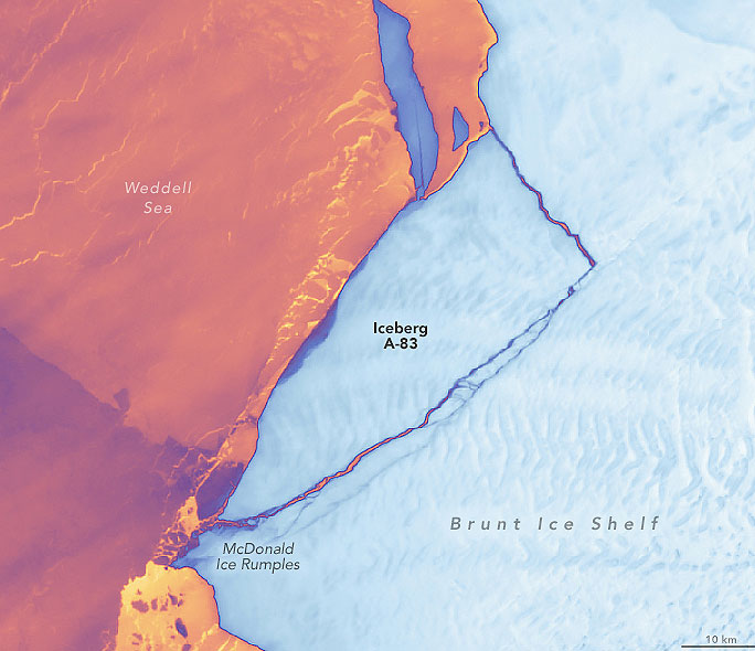 Imagem de satlite mostra o iceberg A-83 em 20 de maio. Crdito: Landsat9/NASA 
