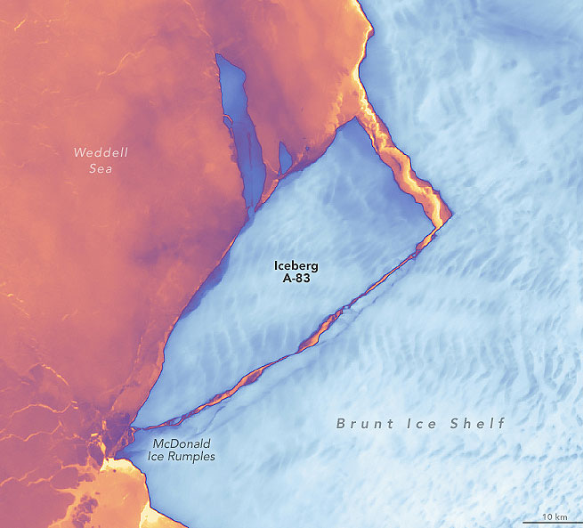 Imagem de satlite mostra o iceberg A-83 em 22 de maio. Crdito: Landsat9/NASA 