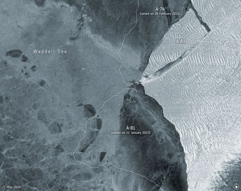 Imagem mostra posio dos ltimos icebergs que se desprenderam da plataforma de Brunt. Crdito: Copernicus Sentinel-1/ESA