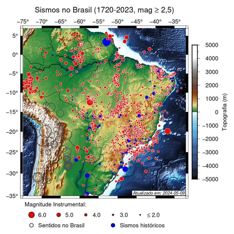 Mapa mostra sismos no Brasil acima de 2.5 magnitudes registrados no perodo de 1720 a 2023. Crdito: divulgao RSBR